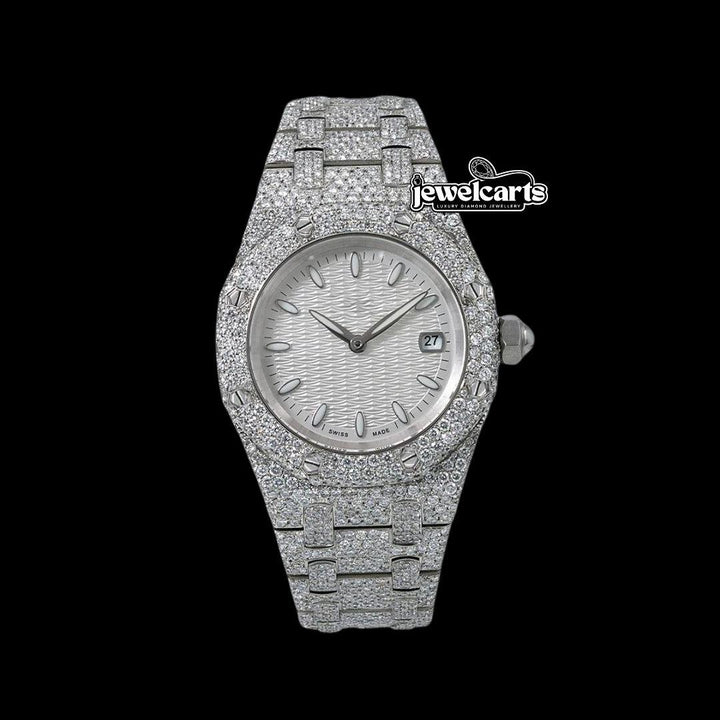 AP Royal Oak White Dial White Stick Markers Fully Iced Out Moissanite Watch Front View