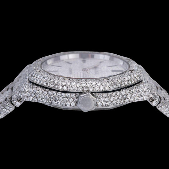 AP Royal Oak White Diamond Dial Black Stick Markers Fully Iced Out Moissanite Watch Crown View