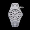 AP Royal Oak White Diamond Dial Black Stick Markers Fully Iced Out Moissanite Watch