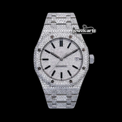 AP Royal Oak White Diamond Dial Black Stick Markers Fully Iced Out Moissanite Watch