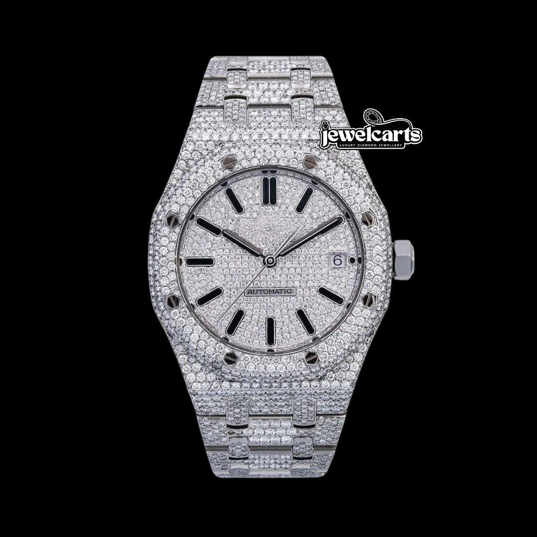 AP Royal Oak White Diamond Dial Black Stick Markers Fully Iced Out Moissanite Watch Front View