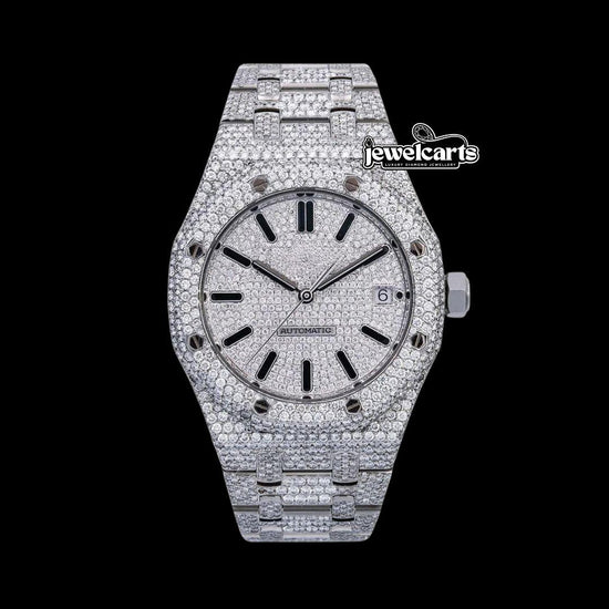 AP Royal Oak White Diamond Dial Black Stick Markers Fully Iced Out Moissanite Watch Front View