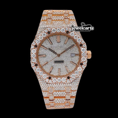 AP Royal Oak White Diamond Dial Stick Markers Fully Iced Out Rose Gold Moissanite Watch