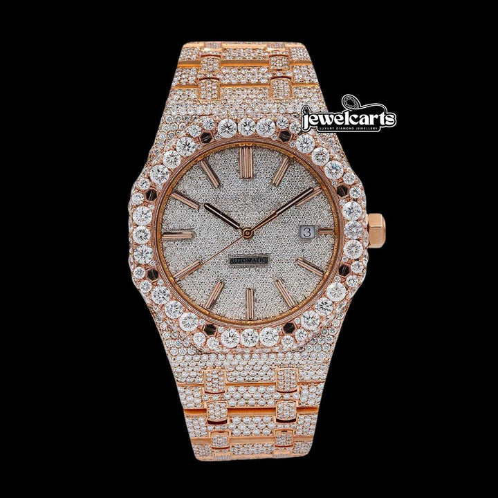 AP Royal Oak White Diamond Dial Stick Markers Fully Iced Out Rose Gold Moissanite Watch Front View
