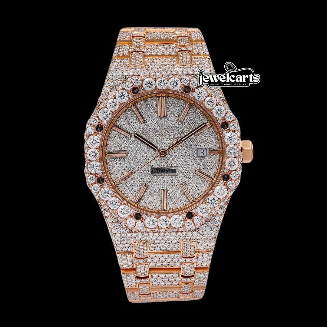 AP Royal Oak White Diamond Dial Stick Markers Fully Iced Out Rose Gold Moissanite Watch Front View