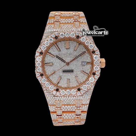 AP Royal Oak White Diamond Dial Stick Markers Fully Iced Out Rose Gold Moissanite Watch Front View