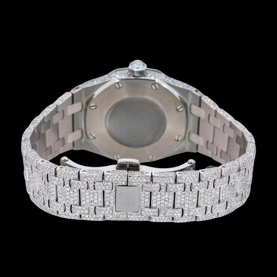 AP Royal Oak White Stick Markers Black Dial Fully Iced Out Moissanite Watch Caseback View