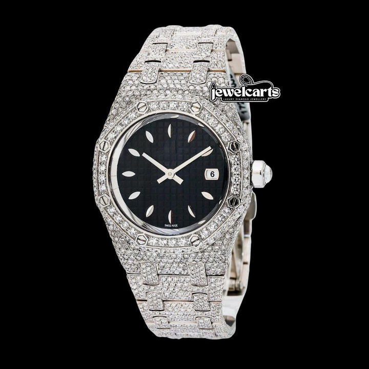AP Royal Oak White Stick Markers Black Dial Fully Iced Out Moissanite Watch Front View