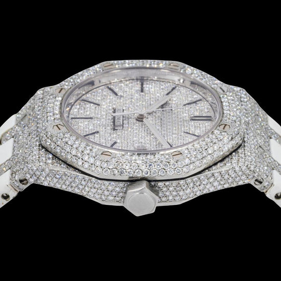 AP Stick Markers Dial White Leather Strap Semi Iced Out Moissanite Watch Crown View