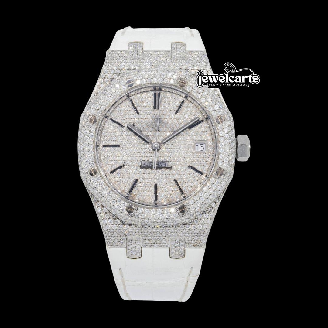 AP Stick Markers Dial White Leather Strap Semi Iced Out Moissanite Watch Front View