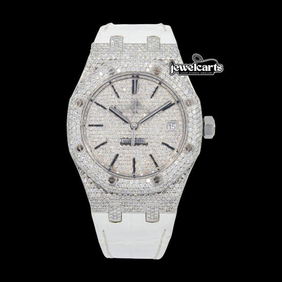 AP Stick Markers Dial White Leather Strap Semi Iced Out Moissanite Watch Front View