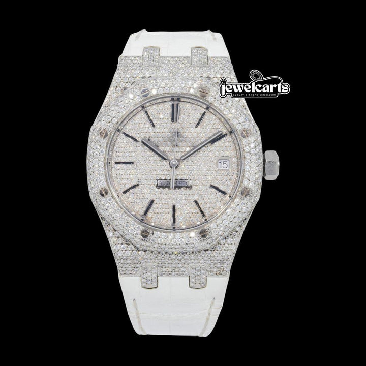 AP Stick Markers Dial White Leather Strap Semi Iced Out Moissanite Watch Front View