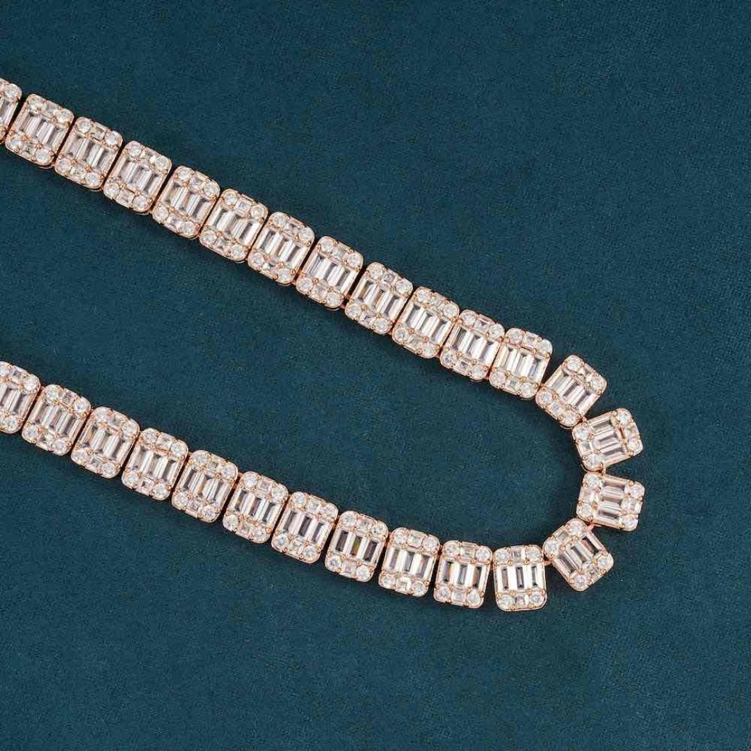 Baguette and Round Moissanite Tennis Necklace in 14K Rose Gold Close Up Front View