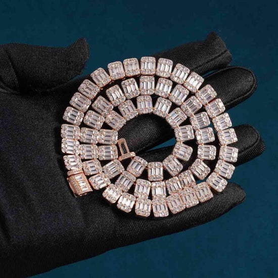 Baguette and Round Moissanite Tennis Necklace in 14K Rose Gold On Hand View