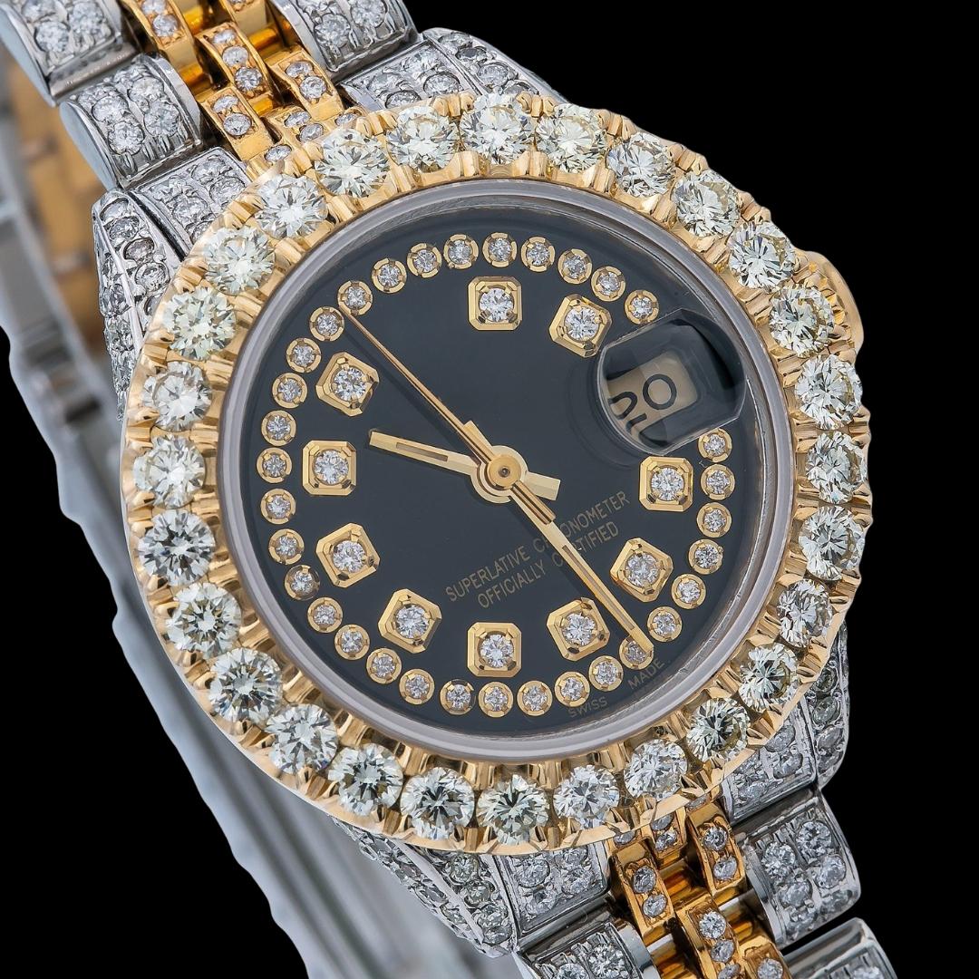 Black Dial Diamond Markers Rolex Datejust Two Tone Jubilee Strap Yellow Gold Iced Out Moissanite Watch Close Up Dial View