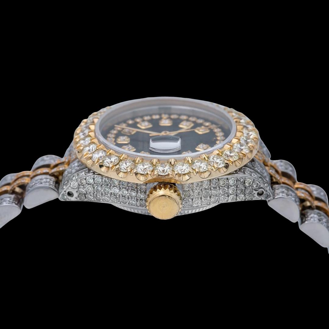 Black Dial Diamond Markers Rolex Datejust Two Tone Jubilee Strap Yellow Gold Iced Out Moissanite Watch Crown View