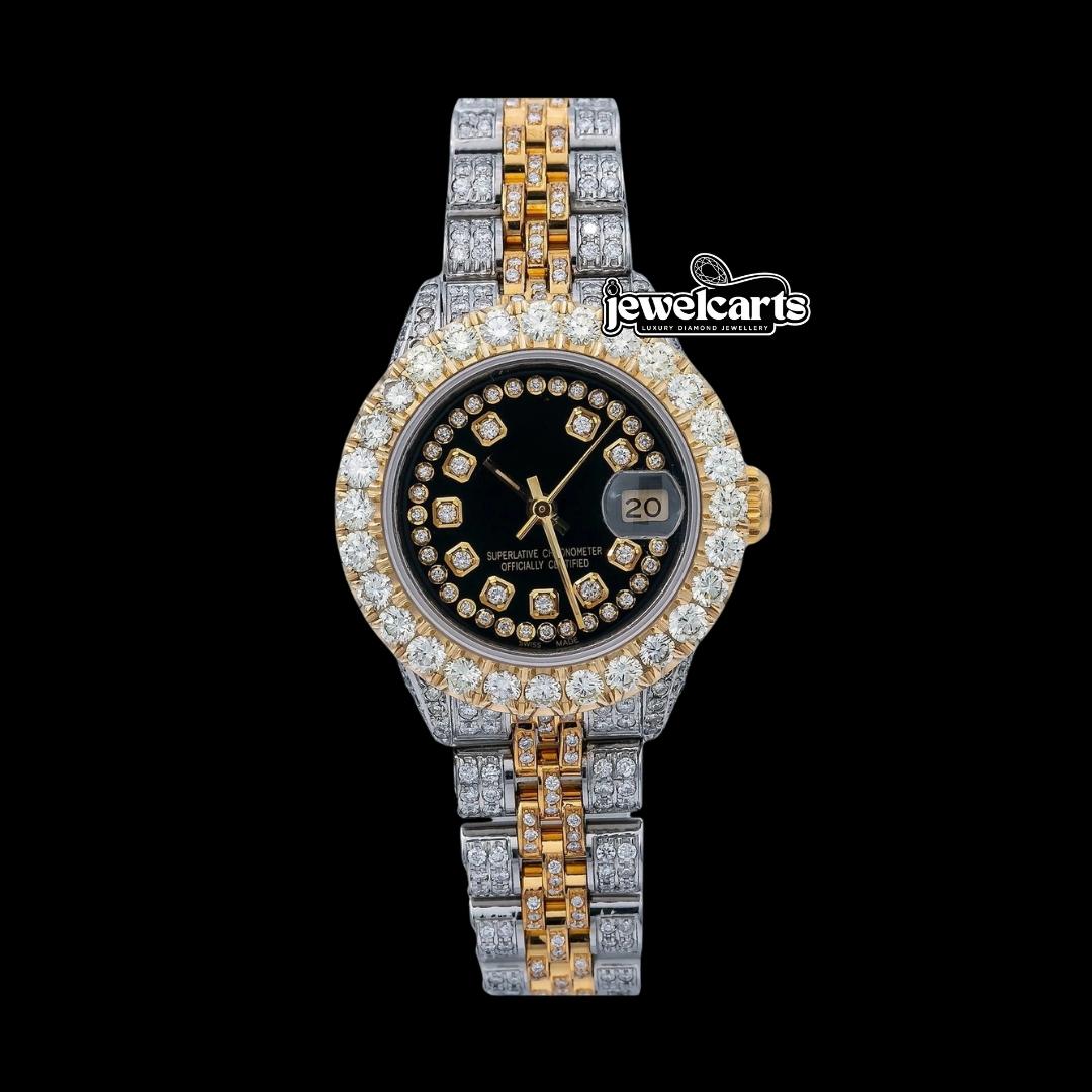 Black Dial Diamond Markers Rolex Datejust Two Tone Jubilee Strap Yellow Gold Iced Out Moissanite Watch Front View