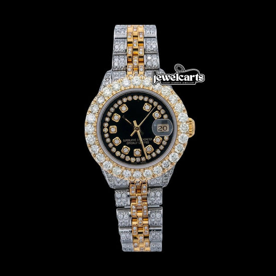 Black Dial Diamond Markers Rolex Datejust Two Tone Jubilee Strap Yellow Gold Iced Out Moissanite Watch Front View