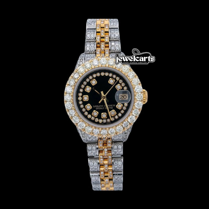 Black Dial Diamond Markers Rolex Datejust Two Tone Jubilee Strap Yellow Gold Iced Out Moissanite Watch Front View