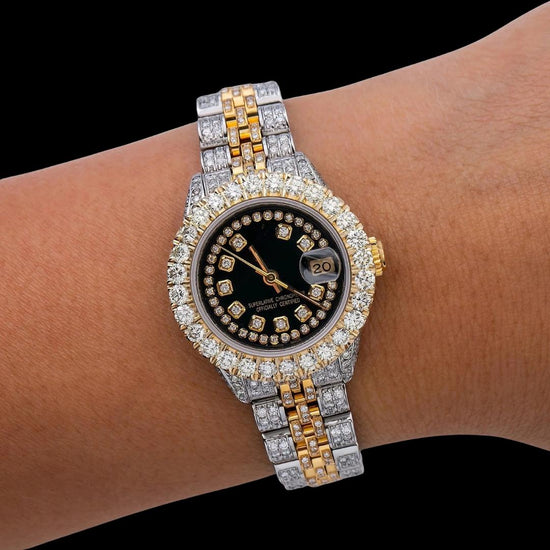 Black Dial Diamond Markers Rolex Datejust Two Tone Jubilee Strap Yellow Gold Iced Out Moissanite Watch On Wrist View