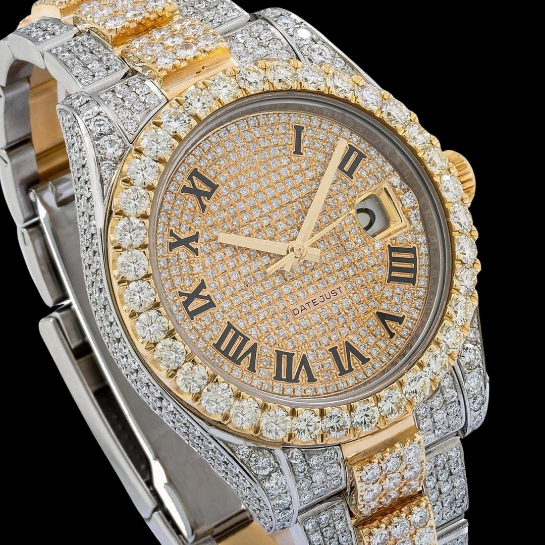 Black Roman Numerals Yellow Gold Diamond Paved Dial Two Tone Oyster Bracelet Iced Out Moissanite Watch Close Up Dial View