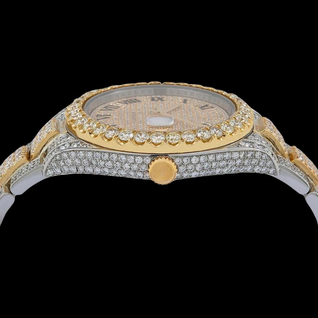 Black Roman Numerals Yellow Gold Diamond Paved Dial Two Tone Oyster Bracelet Iced Out Moissanite Watch Crown View