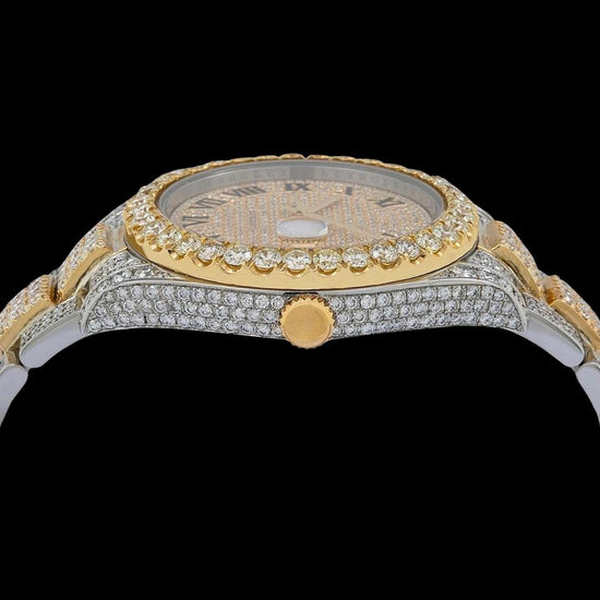 Black Roman Numerals Yellow Gold Diamond Paved Dial Two Tone Oyster Bracelet Iced Out Moissanite Watch Crown View