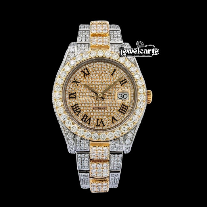 Black Roman Numerals Yellow Gold Diamond Paved Dial Two Tone Oyster Bracelet Iced Out Moissanite Watch Front View