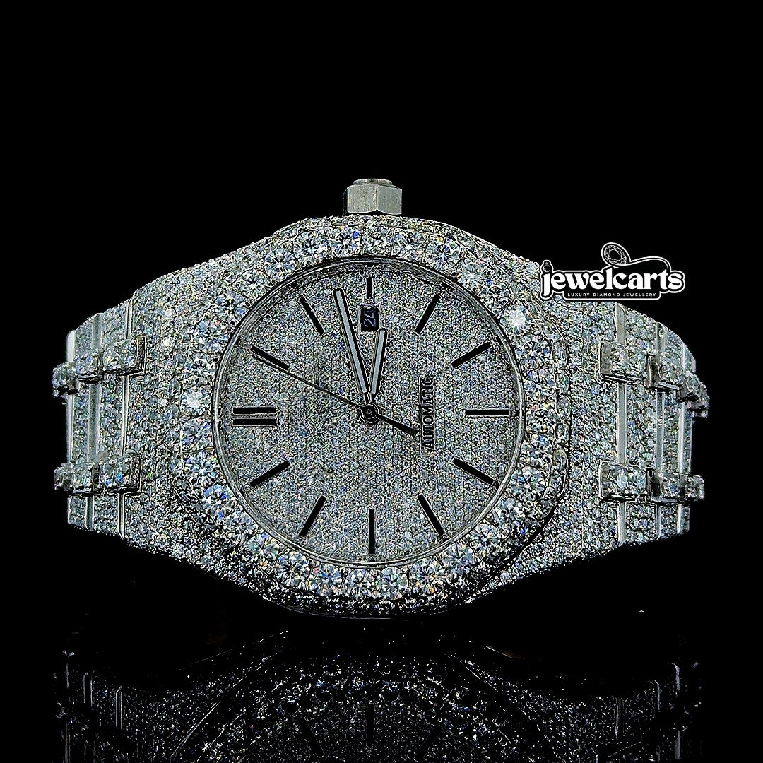 Black Stick Markers Dial AP Fully Iced Out Moissanite Watch Front View