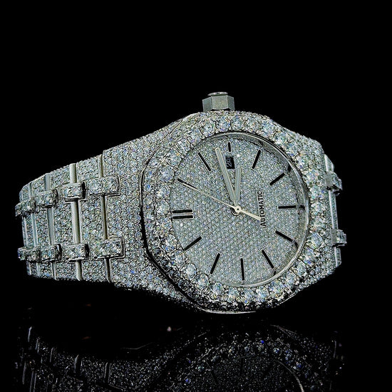 Black Stick Markers Dial AP Fully Iced Out Moissanite Watch Right Profile View