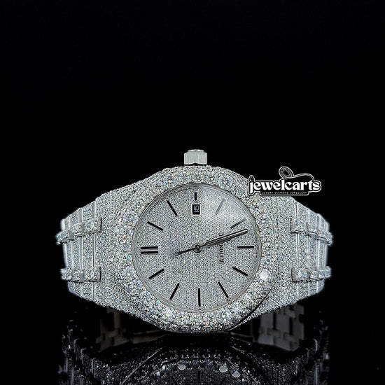 Black Stick Markers Diamond Dial AP Fully Iced Out Moissanite Watch Front View