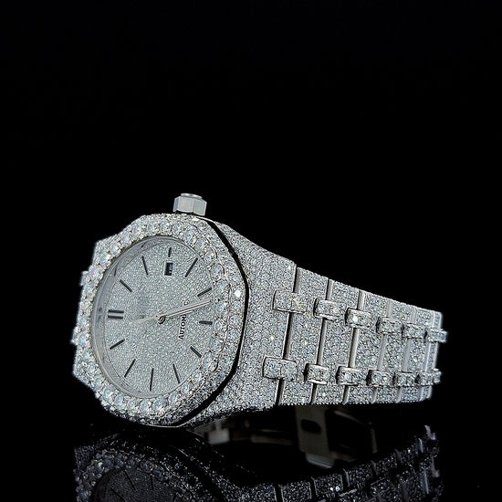 Black Stick Markers Diamond Dial AP Fully Iced Out Moissanite Watch Left Profile View