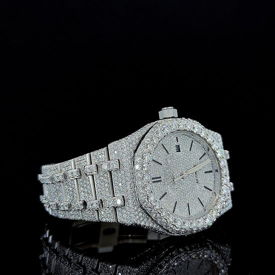 Black Stick Markers Diamond Dial AP Fully Iced Out Moissanite Watch Right Profile View