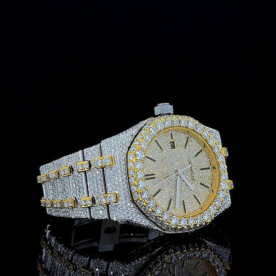 Black Stick Markers Diamond Dial Two Tone Iced Out Yellow Gold Moissanite Watch Right Profile View
