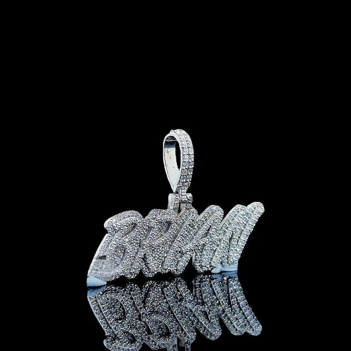 Brian Iced Script Moissanite Pendant in 925 Sterling Silver Right Profile View
