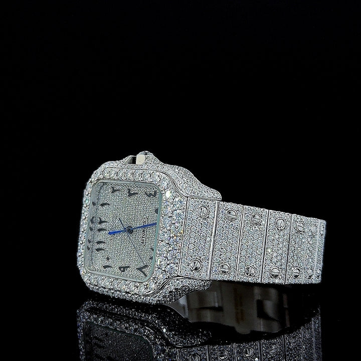 Cartier Black Arabic Numerals Dial Fully Iced Out Moissanite Watch Left Profile View