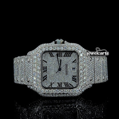 Cartier Black Roman Numerals Dial Fully Iced Out Moissanite Watch