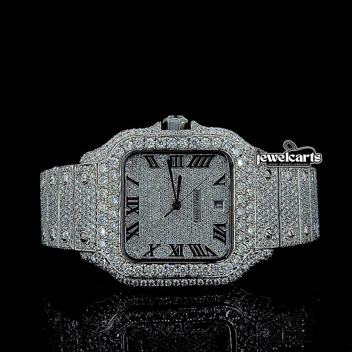 Cartier Black Roman Numerals Dial Fully Iced Out Moissanite Watch Front View