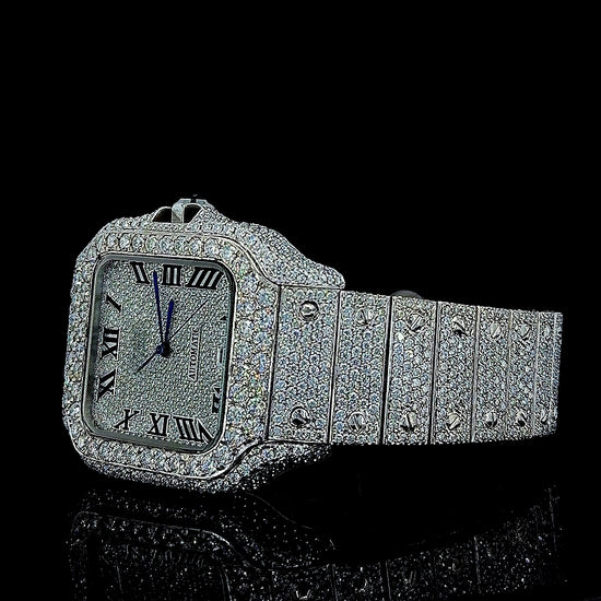 Cartier Black Roman Numerals Dial Fully Iced Out Moissanite Watch Left Profile View