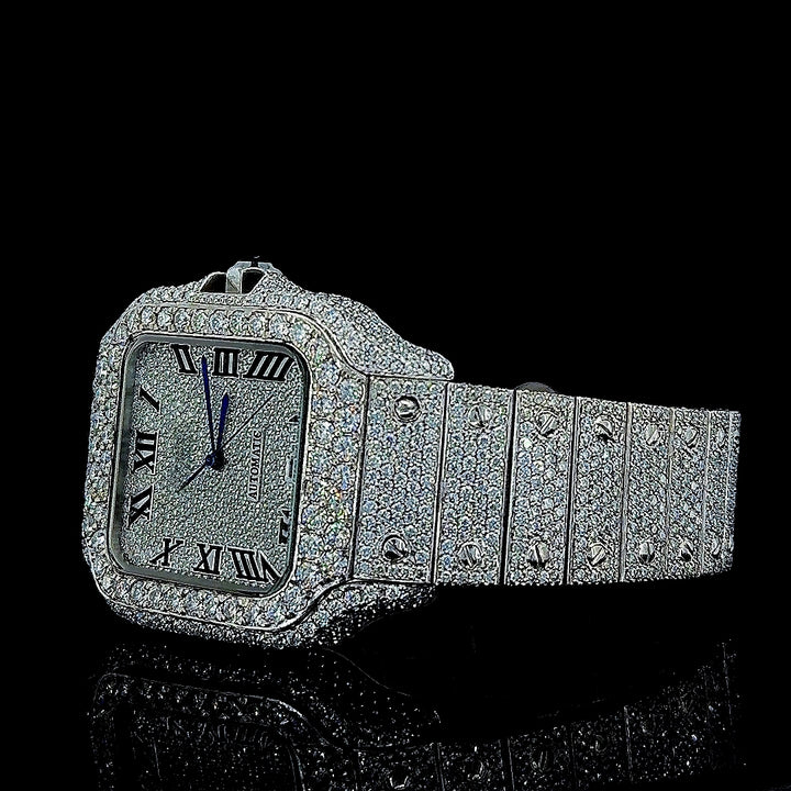 Cartier Black Roman Numerals Dial Fully Iced Out Moissanite Watch Left Profile View