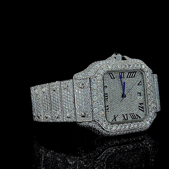 Cartier Black Roman Numerals Dial Fully Iced Out Moissanite Watch Right Profile View