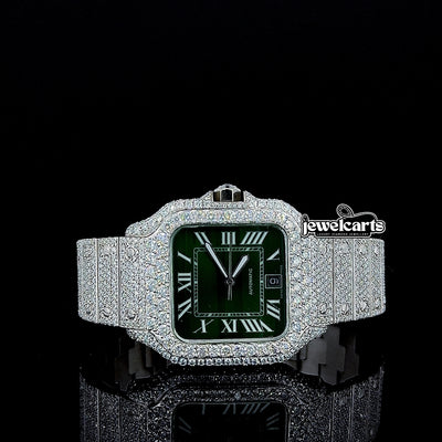 Cartier Green Roman Dial Fully Iced Out Moissanite Diamond Watch