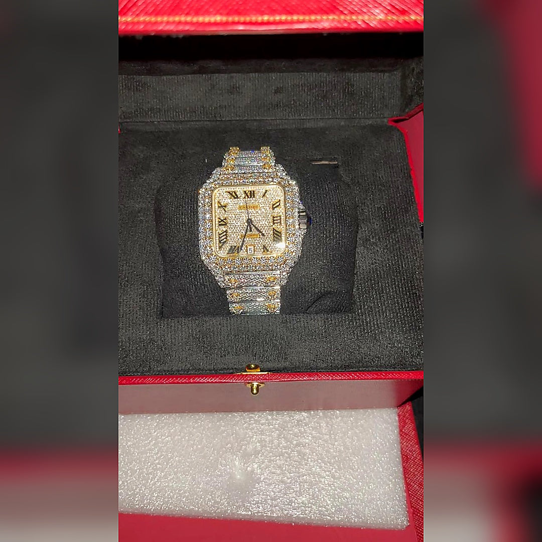Cartier Moissanite Watch with Santos style Roman dial and iced out bezel