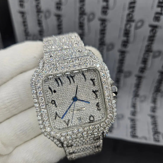 Cartier Santos Arabic Moissanite Watch Close Up Dial View