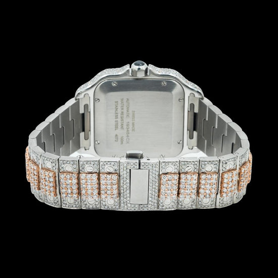 Cartier Santos Black Roman Numerals Dial Two Tone Rose Gold Diamond Block Bracelet Watch Caseback View