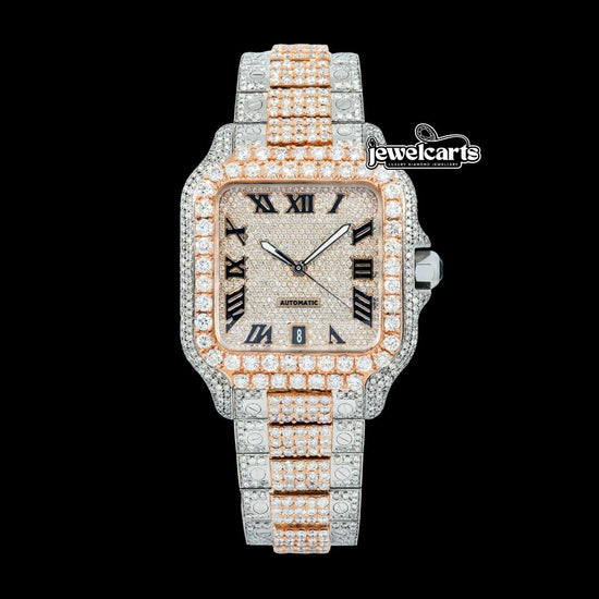 Cartier Santos Black Roman Numerals Dial Two Tone Rose Gold Diamond Block Bracelet Watch Front View