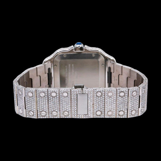Cartier Santos Blue Dial White Roman Numerals Two Tone Rose Gold Moissanite Watch Caseback View