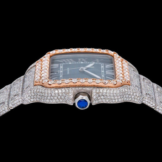 Cartier Santos Blue Dial White Roman Numerals Two Tone Rose Gold Moissanite Watch Crown View