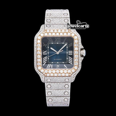 Cartier Santos Blue Dial White Roman Numerals Two Tone Rose Gold Moissanite Watch