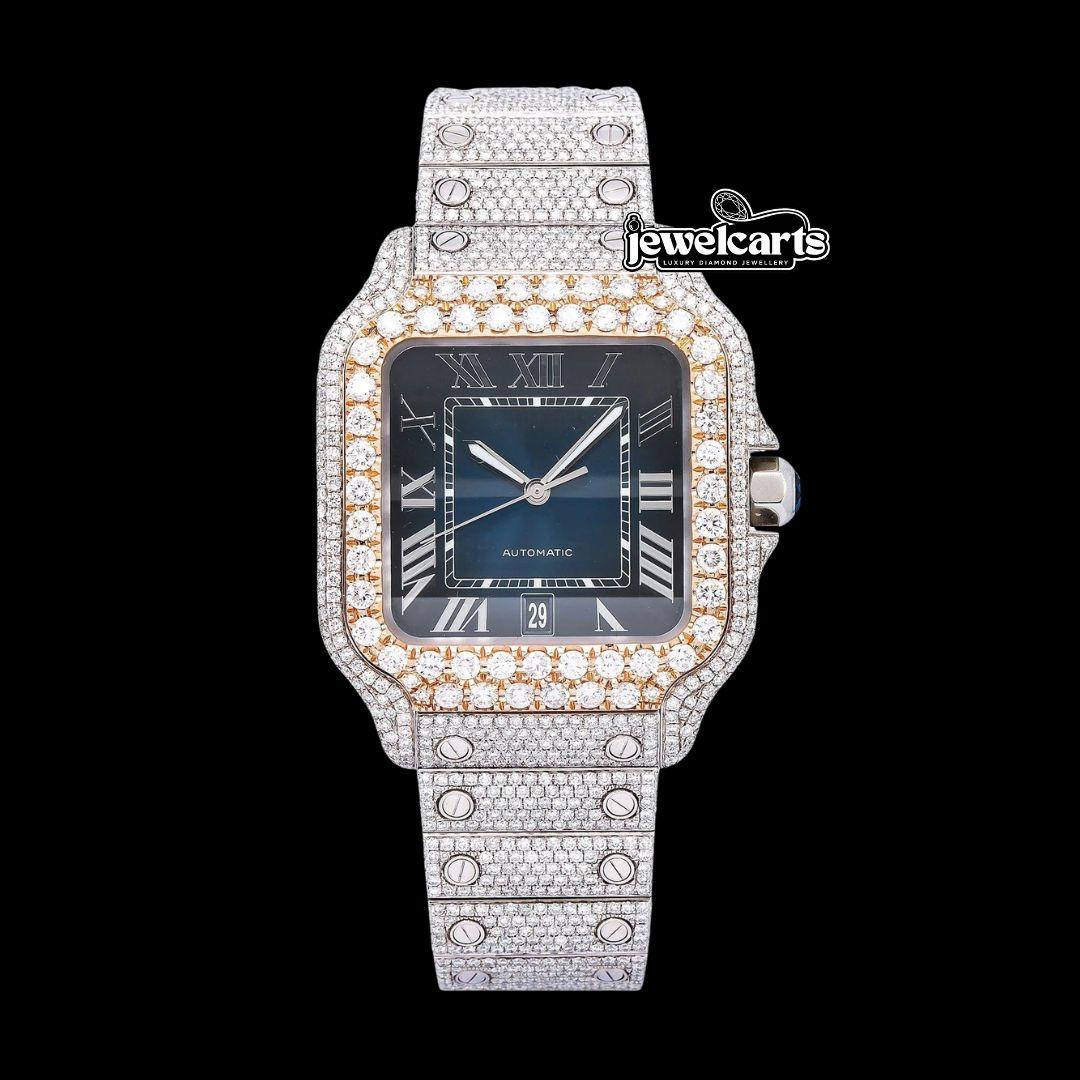 Cartier Santos Blue Dial White Roman Numerals Two Tone Rose Gold Moissanite Watch Front View